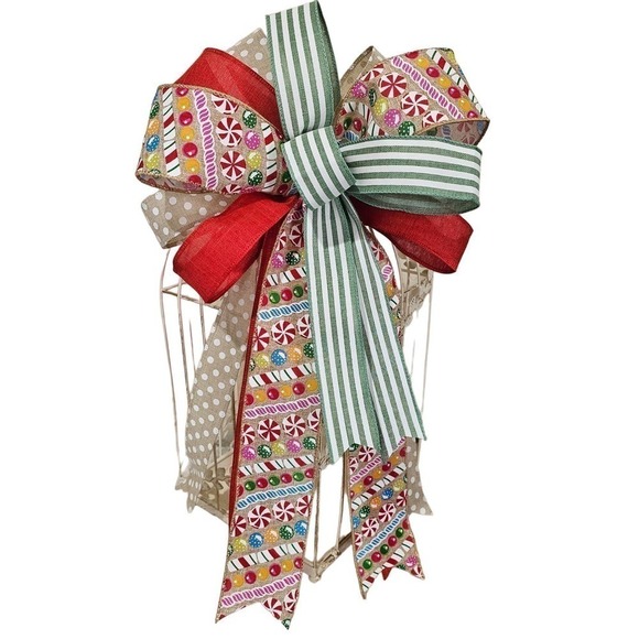 Candy Bow, Handmade Christmas Bow, Winter Bow, Whimsical Bow, Tree Topper - Picture 2 of 11